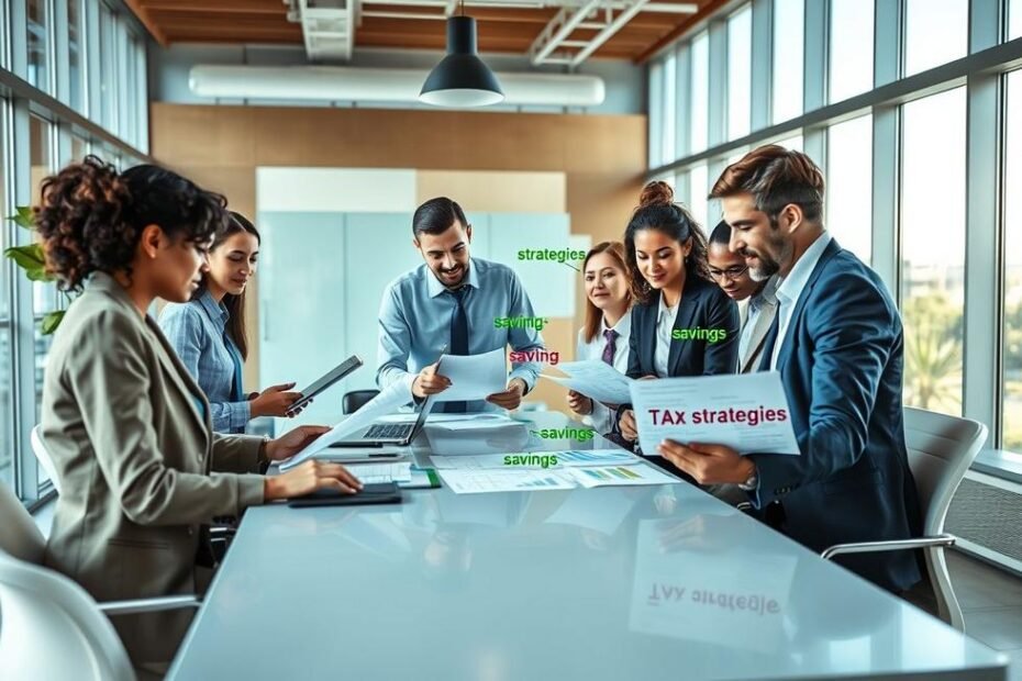 Profissionais avaliando documentos tributários e estratégias de otimização.
