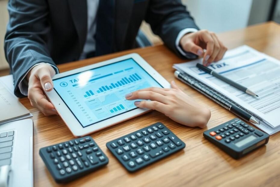 Profissional gerenciando finanças com documentos fiscais.