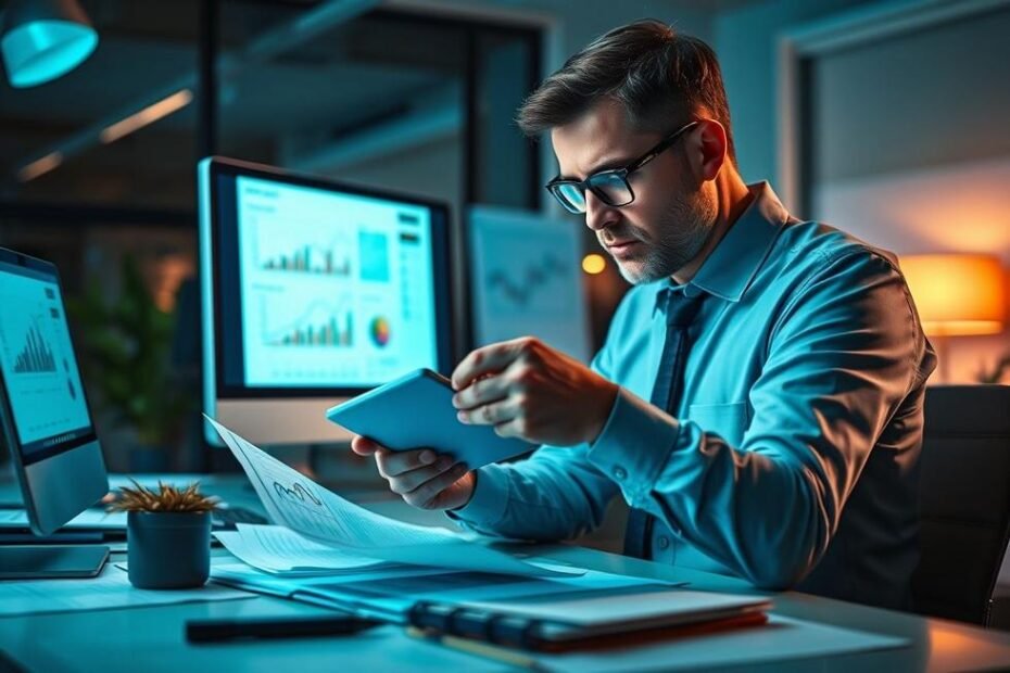 Contador revisando planilhas financeiras, simbolizando a gestão tributária eficaz.