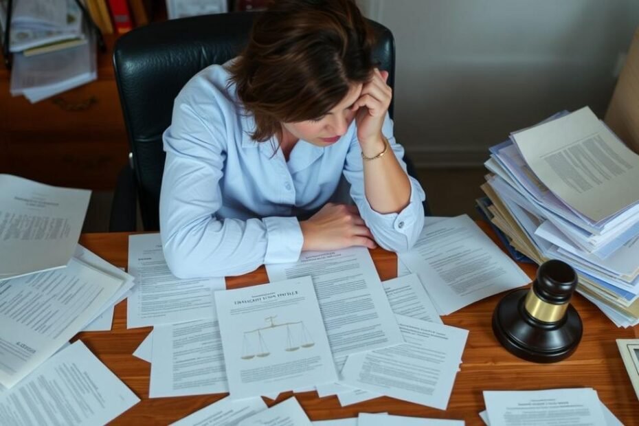 Pessoa pensativa cercada por documentos legais.