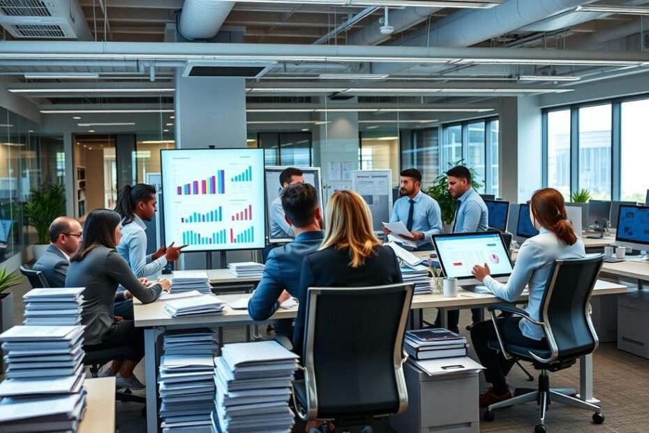 Equipe de profissionais em ambiente de escritório colaborando em projetos tributários.