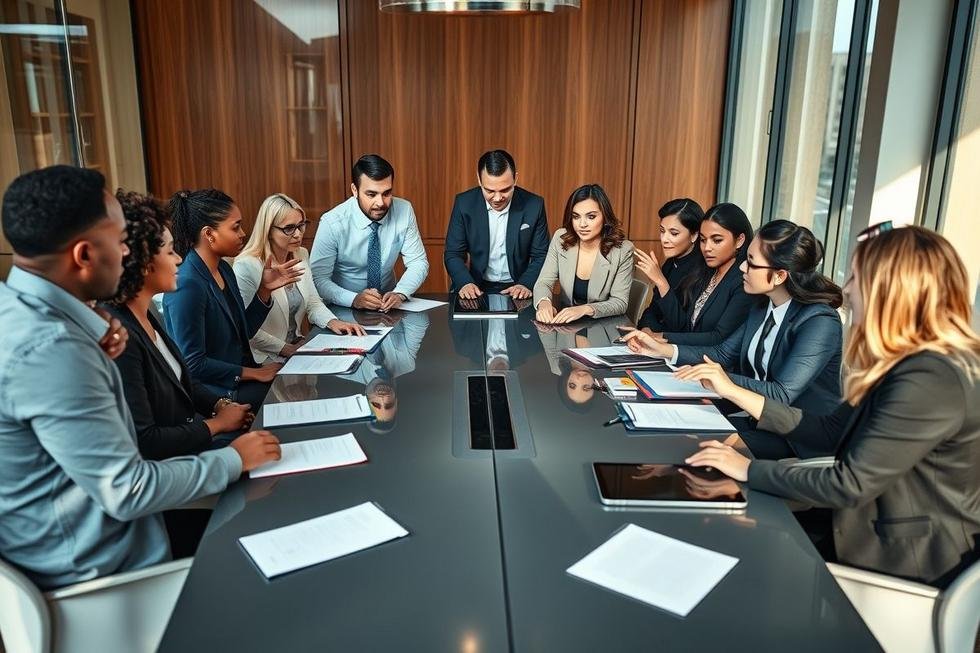 Profissionais jurídicos diversos trabalhando juntos por equidade de gênero.