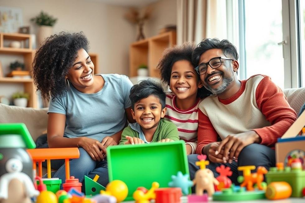 Família sorrindo enquanto apoia o desenvolvimento do filho com autismo.