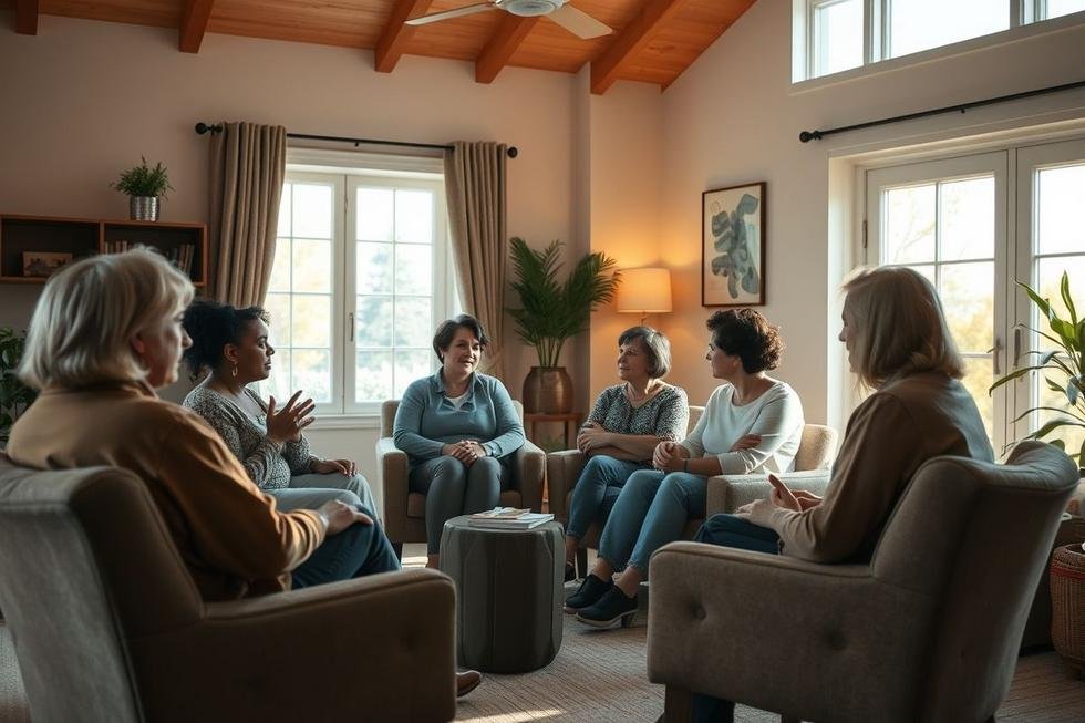 Pessoas em círculo em um grupo de apoio, compartilhando experiências sobre doenças graves.