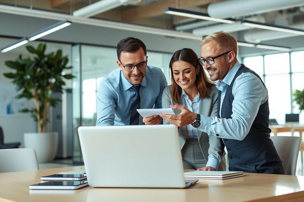 Ambiente de escritório moderno com profissionais discutindo estratégias financeiras.