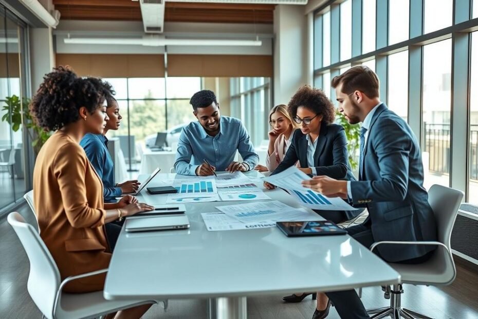 Grupo de empresários discutindo planejamento tributário relacionado ao PIS e COFINS.