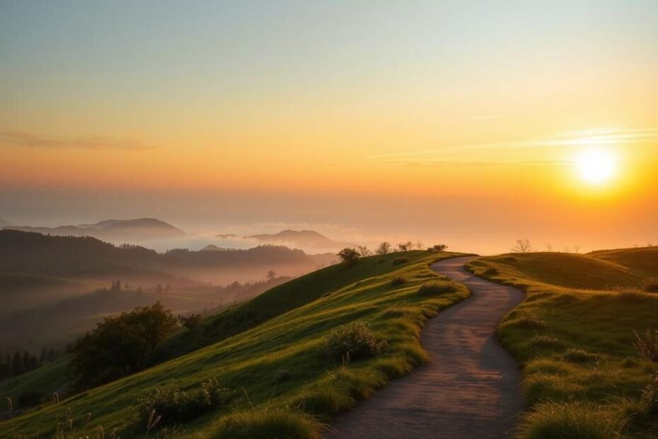Caminho ao amanhecer simbolizando novas oportunidades após um divórcio.