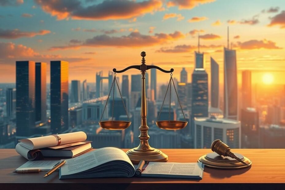 Símbolos de legislação e regulamentação com a cidade ao fundo.