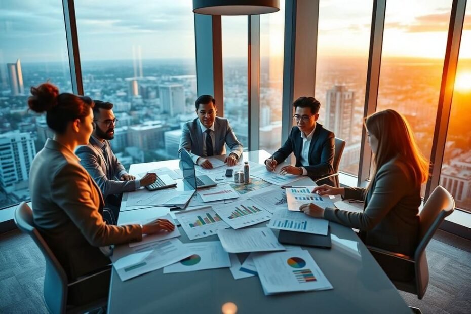 Profissionais debatendo estratégias fiscais para a saúde financeira empresarial.