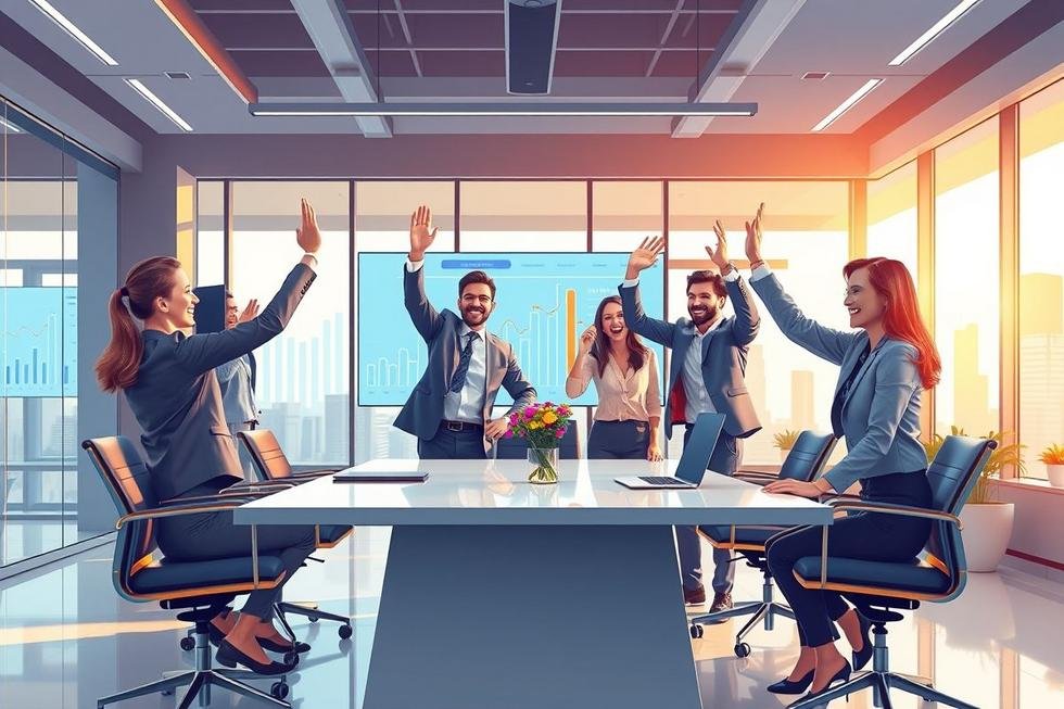 Executivos de negócios celebrando após resolver questões tributárias.