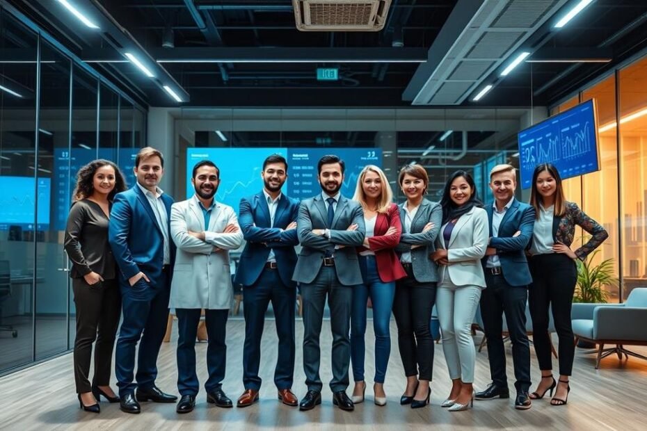 Grupo de profissionais de negócios unidos, simbolizando força e estratégia na gestão da desoneração da folha de pagamento.