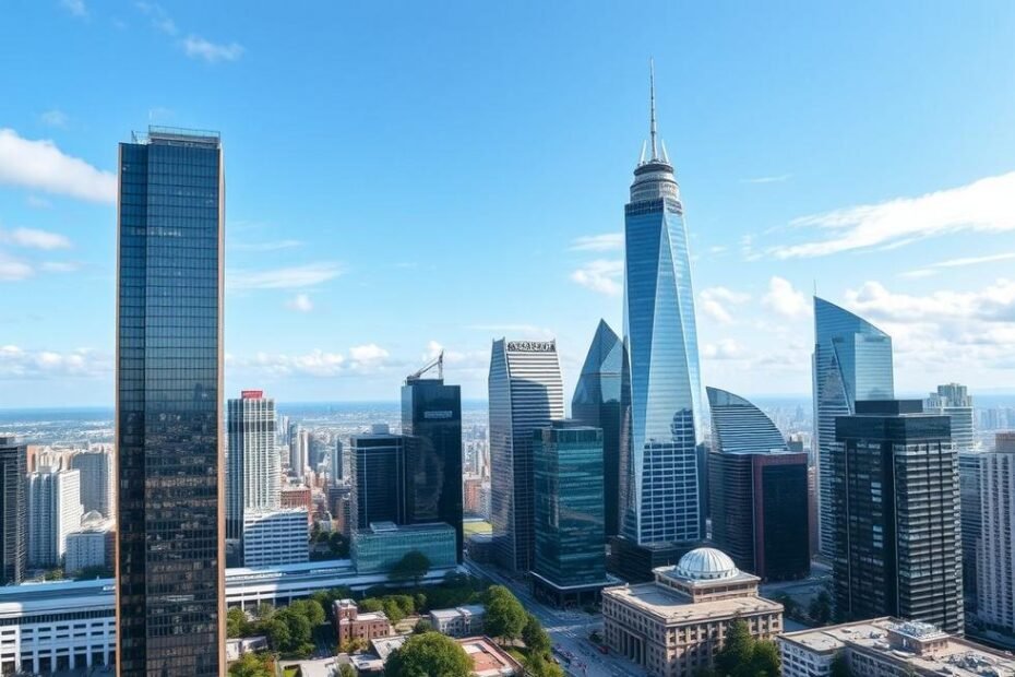 Distritos comerciais com edifícios simbolizando o potencial de PMEs sob a nova legislação tributária.